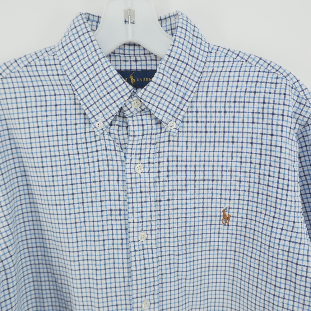 Ralph Lauren Button Down Shirt Mens Medium Blue White Tattersall Check Cotton